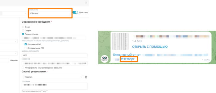 Текст из поля «Описание» выводится в сообщении Telegram-бота